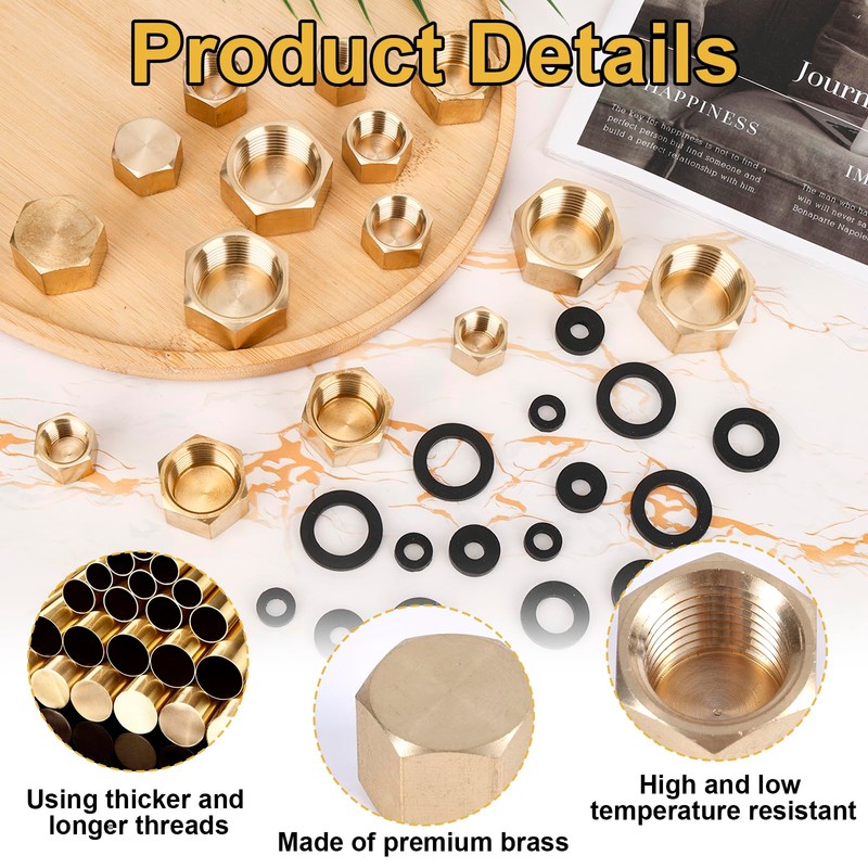 16pcs Brass Pipe Cap with 16 Rubber Gasket Seal Ring,
