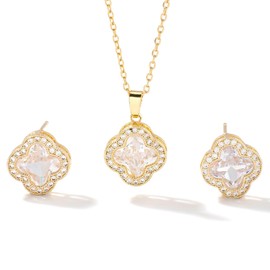 Jewellery Set for Women Clover Gold Plated Sterling Silver Necklace Stud Earrings Jewellery Set Settings Sparkling Cubic Zirconia Diamond Cut Crystal Jewelry Gift for Girls