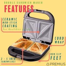 PREMIUS Ceramic NonStick Double Slice Sandwich Maker, Indicator Lights, Cool Touch Handle, Great for Grilled Cheese, French Toast, Tuna Melt, Egg & Cheese and Pancake Sandwich, Easy Clean (Black)