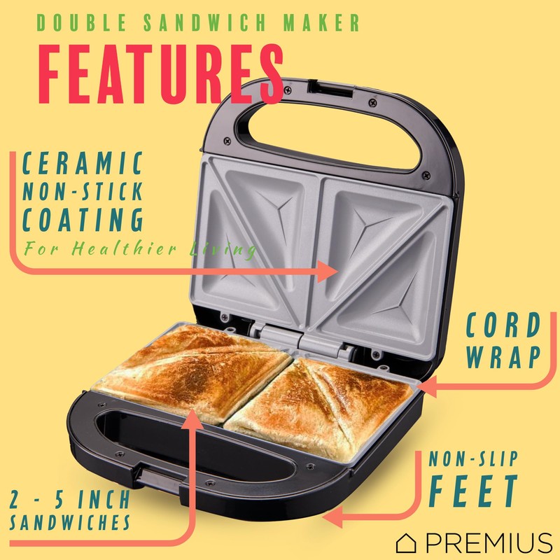 PREMIUS Ceramic NonStick Double Slice Sandwich Maker, Indicator Lights, Cool
