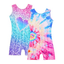 Nymphperi Girls Leotards for Gymnastics 2 Pack Size 7-8 Years Old Purple Blue Gym Outfits Sleeveless Biketards