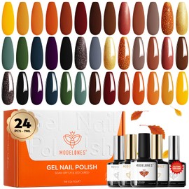 modelones 24PCS Fall Gel Nail Polish Kit, Red Brown Green Yellow Orange Gel Polish Set Soak Off Nail Polish Kit with Glitter, Glossy and Matte Top Base Coat DIY Manicure at Home