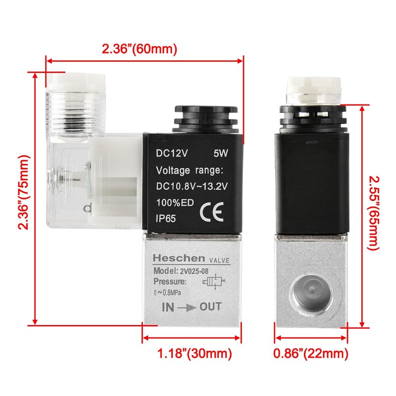 Heschen Electric Pneumatic Solenoid Valve, 2V025-08, 12VDC, PT1/4 2/2 Way,