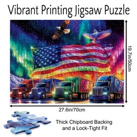 American Flag Trucks Under The Aurora Jigsaw Puzzle，American Logo Elements 1000 Pieces Jigsaw Puzzles for Adults，27 x 20 Inches Puzzles ，HD Quality Puzzle Gift，Family Activity Perfect for Game Night