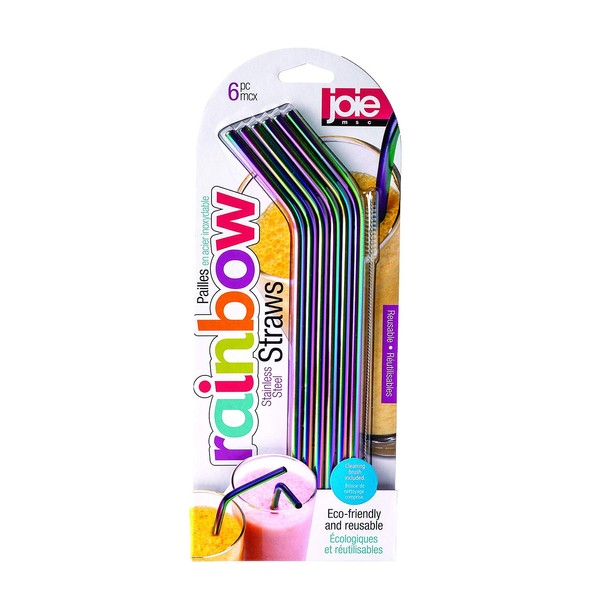 Joie Rainbow Drinking Straws | 6 Stainless Steel Reusable Straws with Brush, Eco-Friendly Metal Straws with an Iridescent Shine