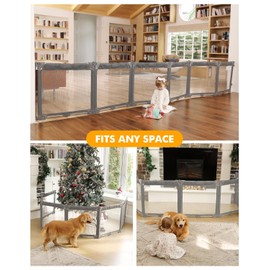 Dearlomum Extra Wide Baby Gate Playpen with Heat-Resistant Mesh,6 Panel Foldable Baby Fence,Indoor/Outdoor Safety Barrier,Dog Playpen & Fireplace Baby Gate,Grey