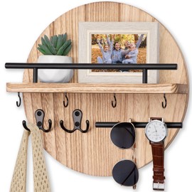 Nekon Key Holder Wall Mount, 11.8 Inch Key Rack with Shelf and 6 Key Hooks, Rustic Key and Mail Organizer, Circular Wooden Key Hanger for Entryway Hallway Kitchen (Wood)