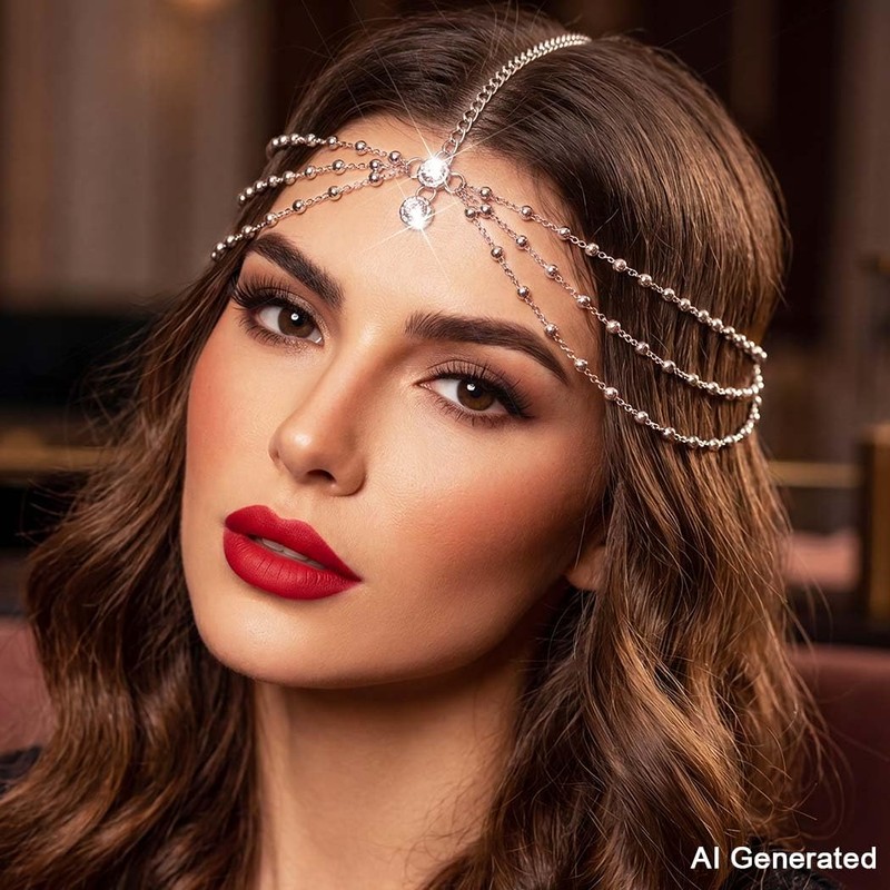 GORTIN Rhinestones Head Chain Headpiece Silver Bride Wedding Forehead Hair
