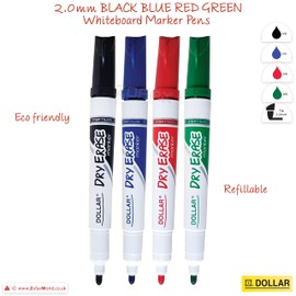 4 x 2.0mm Bullet Tip DOLLAR OnBoard BLACK BLUE RED GREEN Whiteboard Markers Pens