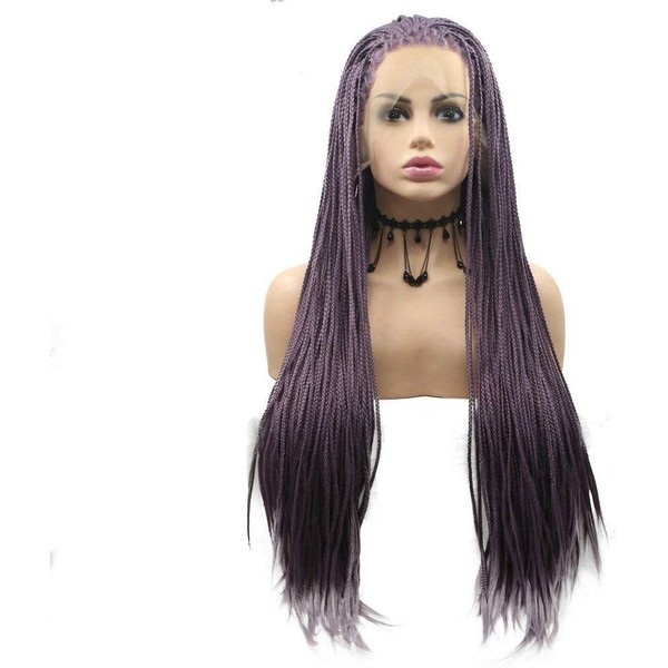 RainaHair Afro America Box Braided Wigs Dirty Purple Synthetic Lace Front Wigs for Women Christmas Party Long Braids Hair Purple Lavender Wig 66 cm