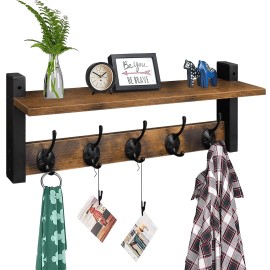 Homode Wall Hooks with Shelf Wood Coat Rack with Shelf Wall-Mounted Entryway H