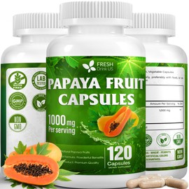 FRESHDRINKUS, 120 Papaya Fruit Extract Capsules| Papain Enzyme| 100% from Natural Papaya Fruit Extract| 500mg per Capsule| 1,000mg per Serving| 60 Days Supply| Vegan Capsulesc Non-GMO, Gluten-Free
