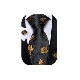 DiBanGu Black Floral Necktie for Men Silk Golden Black Floral Tie and Pocket Square Cufflinks Party Wedding