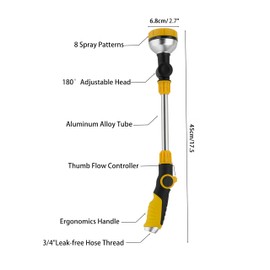 17.5" Gardening Watering Wand | 8 Spray Patterns & Thumb-Controlled Switch | 180° Rotating Long Nozzle| for Plants, Hanging Baskets and Shrubs, Pet Bathing, Wall Washing (yellow)
