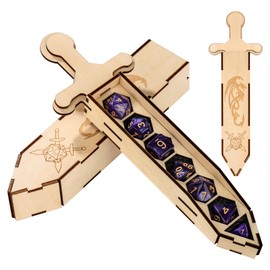 Role Playing Dice Sword Set for Tabletop Gaming, 7 Polyhedral Dice, Wooden Sword Shape Collectible Accessories, D&D Storage Box, Dragon Container Box Decorations, Camping Accessories for Players