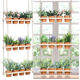 FillTouch 3 Tiered Hanging Herb Planters Hanging Herb Garden Wall with 12 Pcs Nursery Pot Wood Vertical Window Plant Shelf with Holes and Rope Plastic Flower Pots Spring Garden Indoor Kitchen