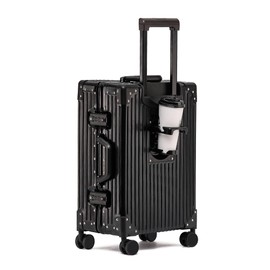 YYW All Aluminum Luggage, External cup holder, Silent 360° Spinner Wheels & TSA-Approved Combination Lock for Business Travel (black, 20in)