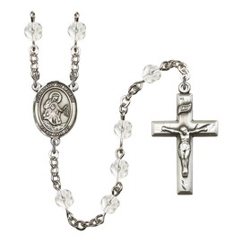 Our Lady of Mercy Silver-Plated Rosary 6mm April Crystal Fire Polished Beads Crucifix Size 1 3/8 x 3/4 medal charm
