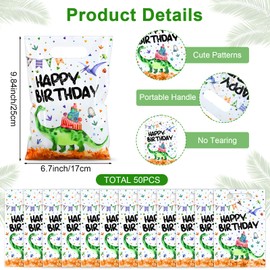 Colarr 50 Pcs Dinosaur Party Favor Bags Dinosaur Goodie Bags Watercolor Dino Birthday Pouches with Handle for Kids Dino Birthday Baby Shower Decor Supplies