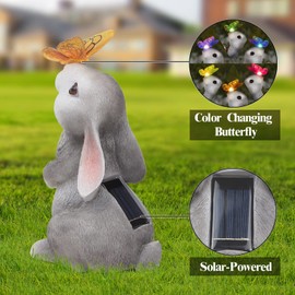 PaLuQiYa Garden Statue Outdoor Decor-Rabbit with Solar Butterfly Changing Lights Garden Statues,Bunny Statue for Patio,Balcony,Yard,Lawn Ornament,Gardening Gifts for Mom Grandma