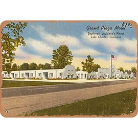 10 x 14 METAL SIGN - Louisiana Postcard - Grand Plaza Motel, Southwest Louisiana's finest, Lake Charles, Louisia - Vintage Rusty Look