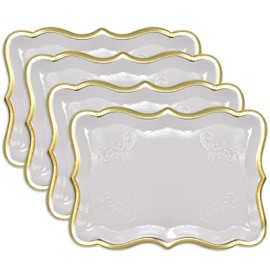 Gift Boutique 10 White Rectangle Trays with Gold Rim Border for Dessert Display Table Parties 9" X 13" Disposable Paper Cardboard in Elegant Shape for Platters Cupcake Display Birthday Party Weddings