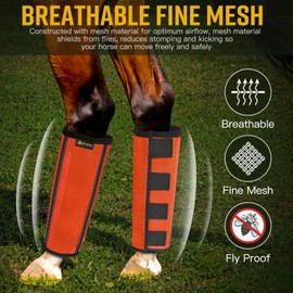 MIYABALA Fly Boots for Horses Set of 4,Extra Tough Mesh Horse Fly Boots with 2 Built-in Metal Supports,Breathable Fly Leggings for Horses with Fleece Trimming and Reflective Webbing (Orange, Medium)
