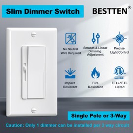 BESTTEN 5 Pack Super Slim Dimmer Light Switch for 300W Dimmable LED/CFL Lights and 600W Incandescent/Halogen, Single Pole/3-Way LED Slide Dimmer, Wall Plate Included, ETL Listed, White