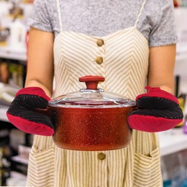 Puppet Oven Mitts Red Cotton Silicone Non-Slip Short Sleeve Soft,Oven Gloves for Women Mum Hot 500℉ Heat Resistant Hand Safe Microwave Home Kitchen Chef Cooking Baking Cookie Mitts 7" 2 Pack