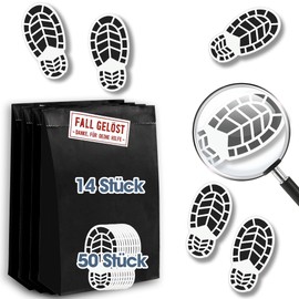 Lichtfroh Pack of 14 Children's Birthday Gift Bags with 14 Detective Stickers & Footprints of the Prey on the Trail - Pack of 50 for Detective Birthday and Children's Party Deoration, Perfect for