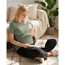 Ficerd 3 Pack Women's Maternity T-Shirts, Short Sleeve Cotton Maternity Tops Comfy Crew Neck Side Ruched Pregnancy Clothes(Black, Light Gray, Army Green,Large)