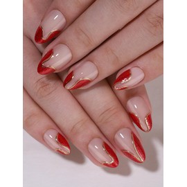 Hrnsnails Almond Press On Nails, Glue On Nails Short Fake Nails Red French Tip Nails with Golden Lines Designs, Acrylic Nails Press On Gel False Nails,Artificial Nails Stick On Nails for Women