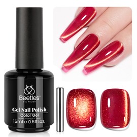 Beetles Red Cat Eye Gel Nail Polish - 15ML Cherry Red Glass Magnetic Cat Eye Glitter Gel Polish with Gold Powder Soak Off UV Twilight Toast Collection Nail Art Design Manicure Gifts for Women