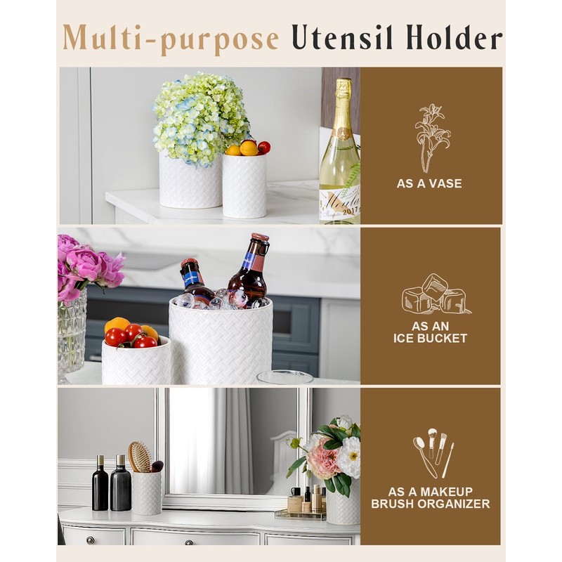 Utensil Holder - 7.1"+5.4" Ceramic Utensil Holder for Kitchen Counter,