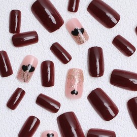 24Pcs Short Square Press on Nails Valentines Day Fake Nails Gold Glitter Full Cover Tip Glue on Nails Artificial Reusable Valentines Day Nail Design Red False Nails for Women Girls Acrylic Nails DIY