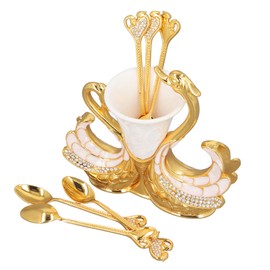 Coffee Dessert Spoon Fork Set, Swan Base Holder Dinnerware Set with 6 Spoons, Luxury Exquisite Elegant Swan Shape Spoon Holder, Zinc Alloy Decorative Swan Flatware for Coffee