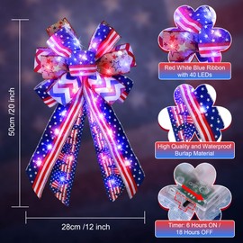 2 Pack Lighted Large Patriotic Bows, 20 x 11 inch Blue Red White Star Burlap Bow 4th of July American Flag Wreath Bow Patriotic Tree Topper for Bunting Holiday Veteran's Day Independence Day Decor