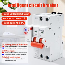 FI Circuit Breaker WiFi Circuit Breaker 63A Fi Switch WiFi Timer Electricity Meter Undervoltage Protection Overload Protection Restart Protection Tuya App Remote Control 2P