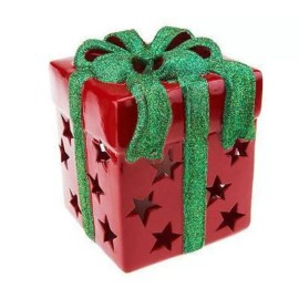 QVC Christmas Porcelain Gift Box Luminary Flameless Candle w Timer - Red/Green