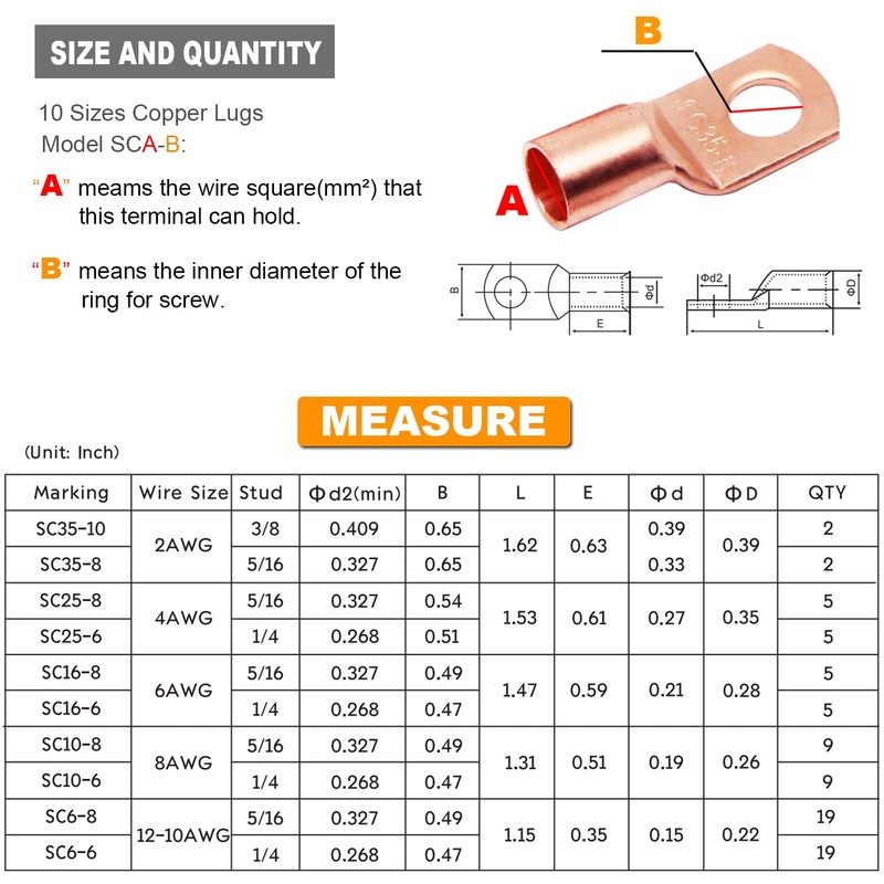TKDMR 160Pcs Copper Wire Lugs AWG2 4 6 8 10