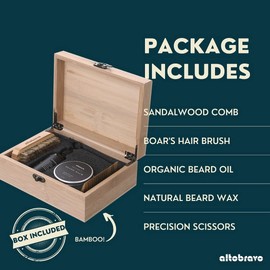 altobravo Premium Beard Kit for Beard Grooming and Care for Men w/Natural Organic Beard Oil, Beard Balm Butter Wax, Beard Scissors, Wood Comb, Boar Bristle Beard Brush and Wood Box - Gifts for Men
