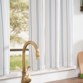 jinchan Striped Kitchen Curtains 24 Inches Linen Look Short Curtains for Windows Blue on White Cafe Curtains Modern Farmhouse Tiers for Living Room Bathroom RV Light Filtering Rod Pocket 2 Panels