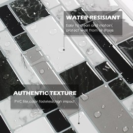 10-Sheet Peel and Stick Backsplash Tiles 12"x12" Self-Adhesive Tile Sticker for Kitchen Bathroom, White Black Marble