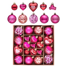 DecorbyHannah Valentines Day Christmas Tree Decorations, 21ct Hot Pink Red Heart Ornaments for Small Christmas Tree, Shatterproof Hanging Ornament Set for Romantic Valentine's Day Wedding Decor
