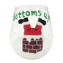 Bottoms Up! Santa Going Down the Chimney - Hand Painted Stemless Christmas Wine Glass