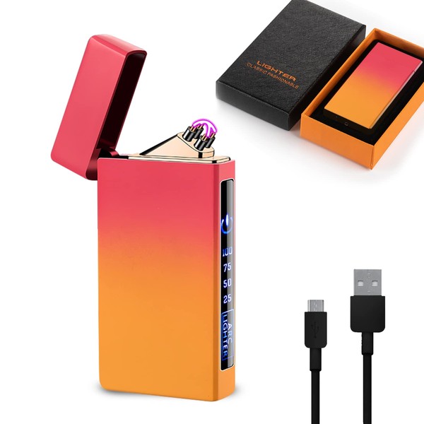 TIKIUKI Encendedor electrónico de metal, caja de metal, encendedor de doble arco para exteriores, resistente al viento, con visualización LED de alimentación, encendedor recargable por USB, adecuado como regalo de cumpleaños (rosa y naranja)