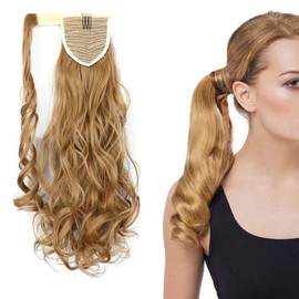 LaLuLoLi Women Long Curly Wavy Wrap Around Ponytail Extension 18" 100g Heat-resisting Natural Fiber Synthetic Hair Piece Clip in Hair Extensions (Curly Wavy, #26 Light Blonde)
