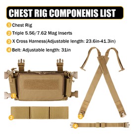 VOTAGOO Tactical Chest Rig with Triple 5.56/7.62 Mag Pouch, X-Harness Chest Bag, Hip Bags, Outdoor (Brown)