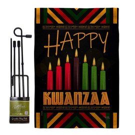 Breeze Decor Kwanzaa Greeting Burlap Garden Flag Set with Stand Winter Kinara Candles Celebrates African Americans Heritage Small Decorative Gift Yard House Banner Double-Sided Made in USA 13 X 18.5
