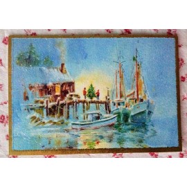 Vintage UNUSED Signed Ruben Alerio Christmas Card Xmas Tree on Boat Pier Dock